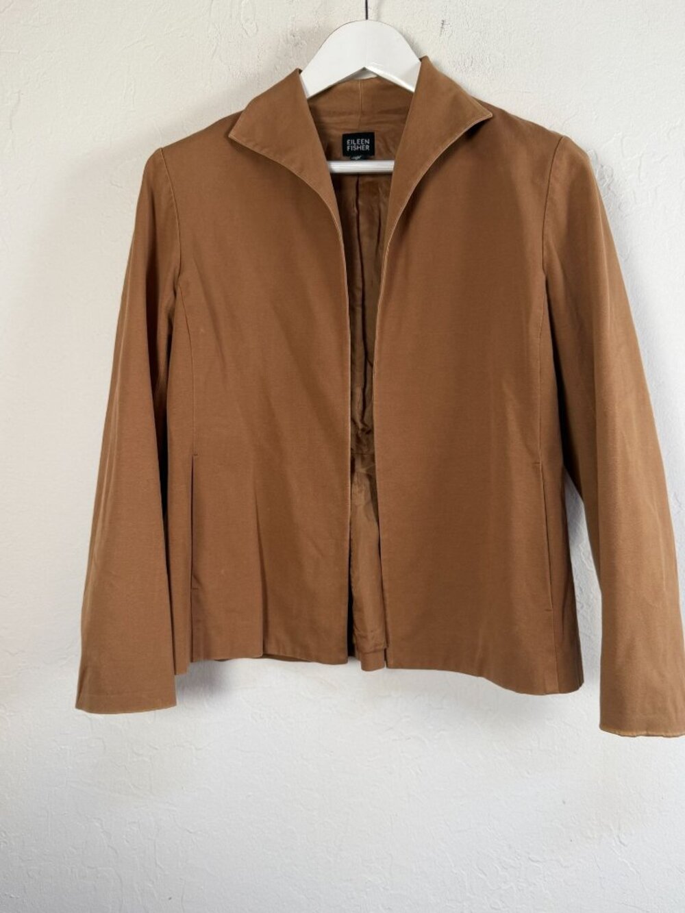 Eileen Fisher Womens Open Front Blazer Jacket XS Camel Brown Cotton Blend Lined